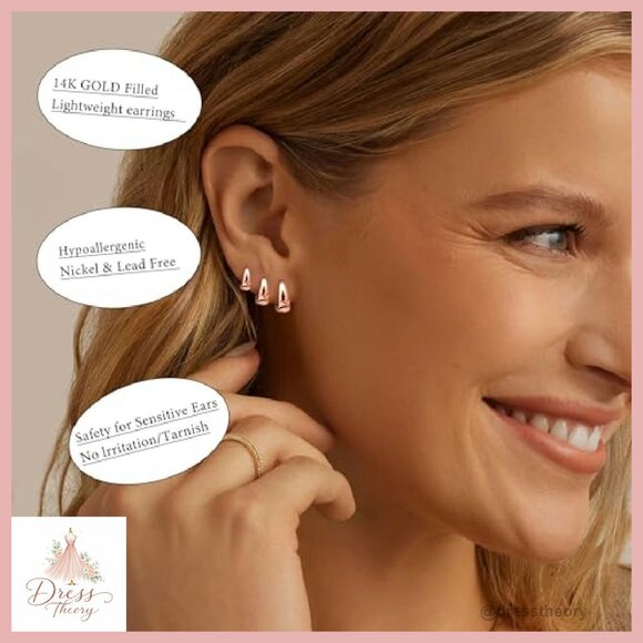 Small Gold Hoop Earrings 14K Gold Plated Hypoallergenic Chunky Huggies - Picture 4 of 6